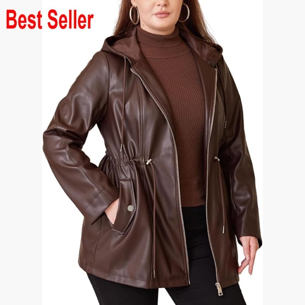 Faux Leather Motorcycle Jacket Hooded Trench Coat Plus Size